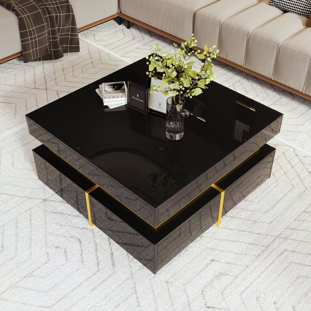 Couchtisch aus Spanplatte mit 2 Schubladen 70x70x35,5 cm, schwarz
