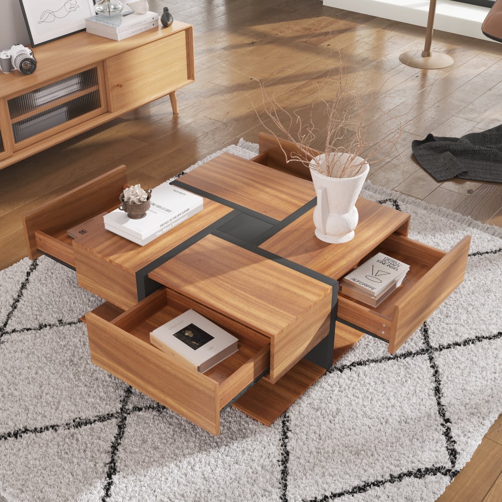 Couchtisch aus Spanplatte mit 4 Schubladen 78x78x36 cm, braun -