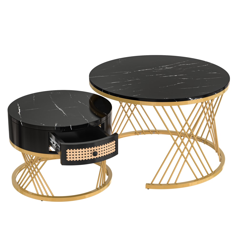 OKWISH Couchtisch-Set aus MDF mit Schublade 70x70x45,5 cm, schwarz - Spanplatte