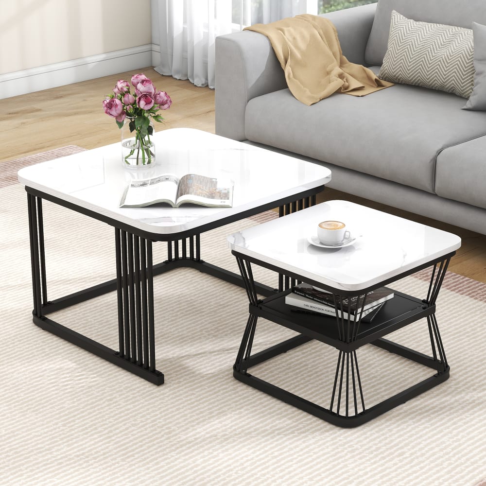 Couchtisch-Set aus MDF mit Nesting-Funktion 65x65x45 cm, weiß -