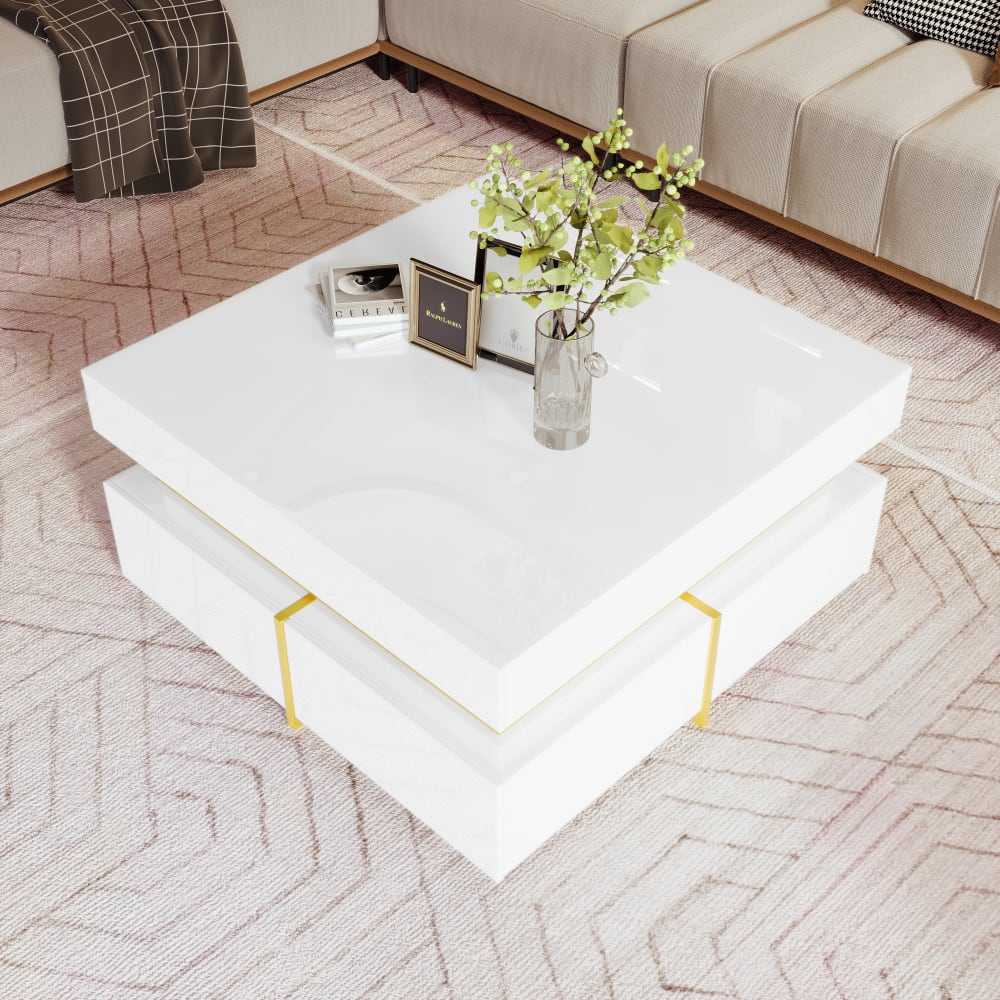 Couchtisch aus Spanplatte mit 2 Schubladen 70x70x35,5 cm, weiß -
