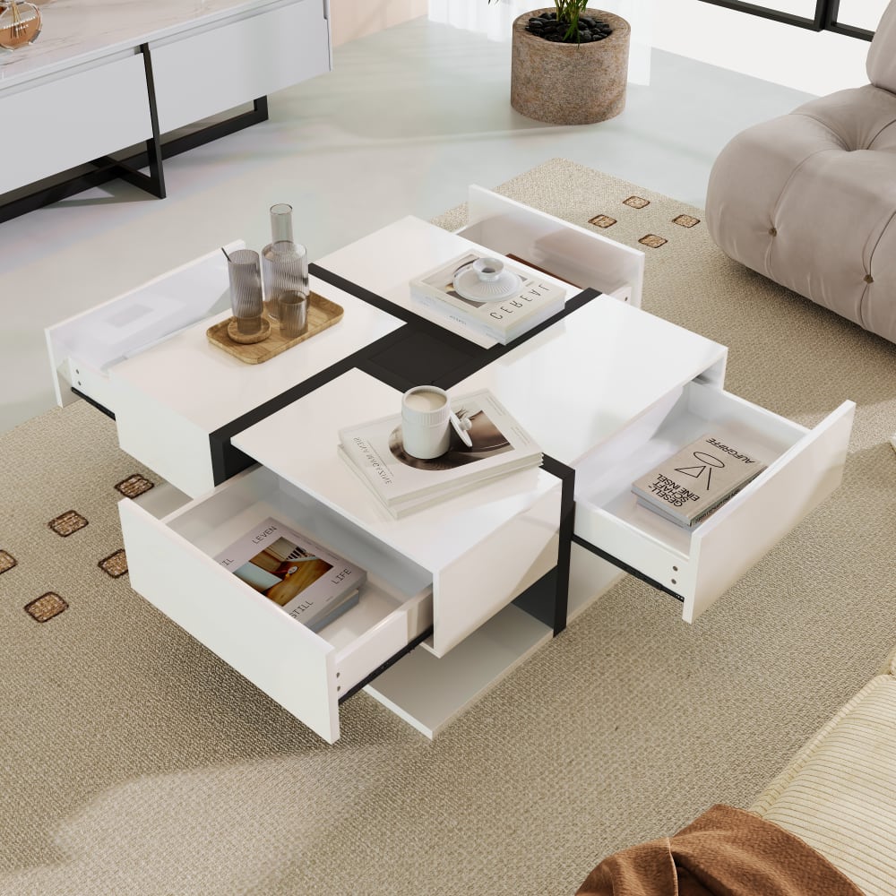 Couchtisch aus Spanplatte mit 4 Schubladen 78x78x36 cm, weiß -