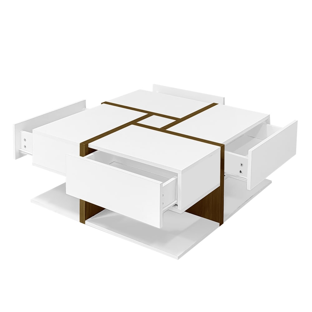 OKWISH Couchtisch aus Spanplatte mit 4 Schubladen 78x78x34,8 cm, weiß - Spanplatte
