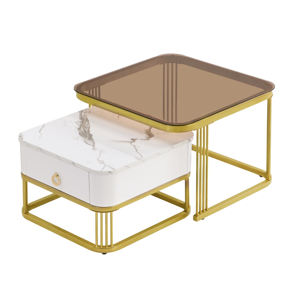 OKWISH Couchtisch-Set aus MDF mit Schublade 60x60x42,5 cm, weiß - Spanplatte