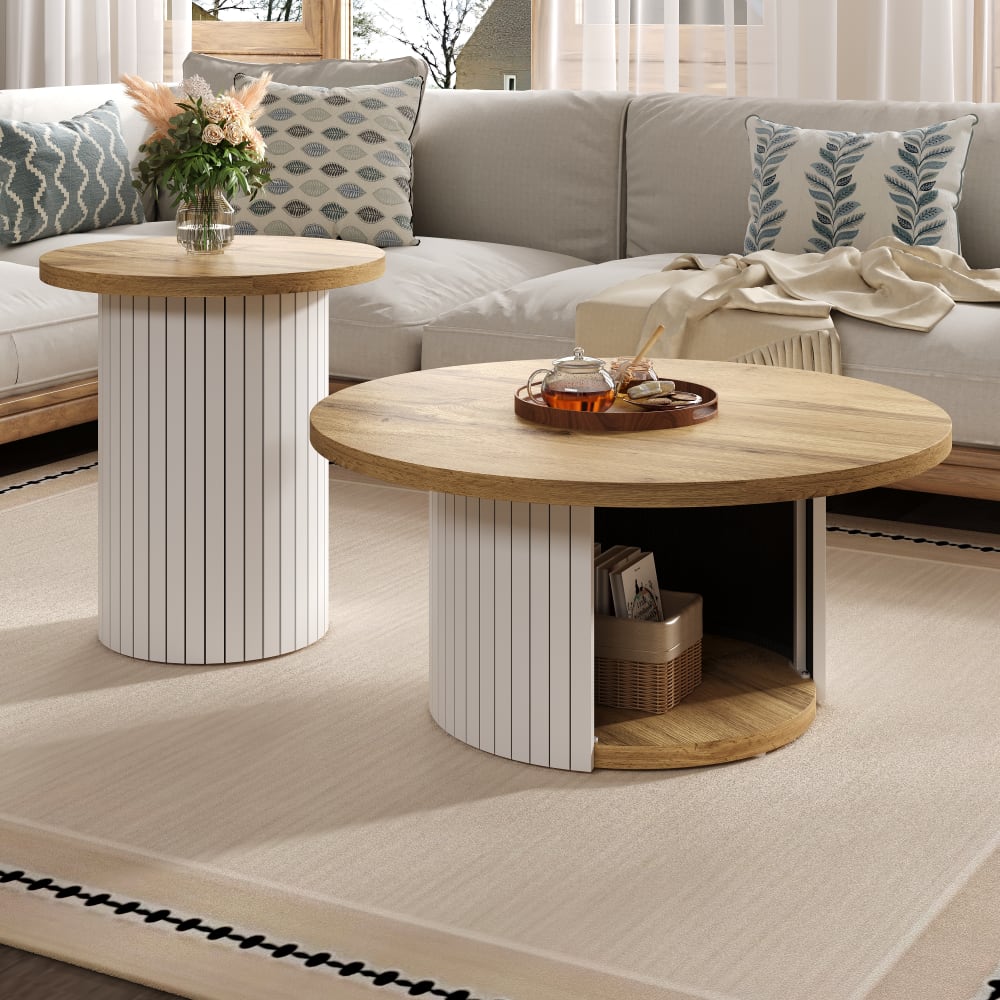 Couchtisch-Set aus MDF mit 2 runden Tischen 75x75x50 cm, braun -