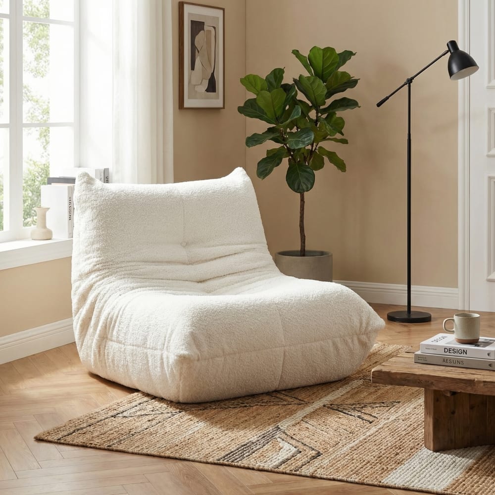 Fauteuil lounge bas en chenille écrue, style rétro chic