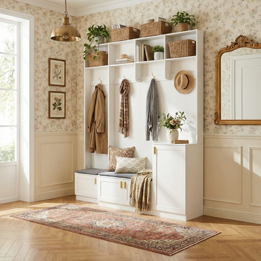 Vestiaire d’entrée moderne avec banc et rangements – Blanc