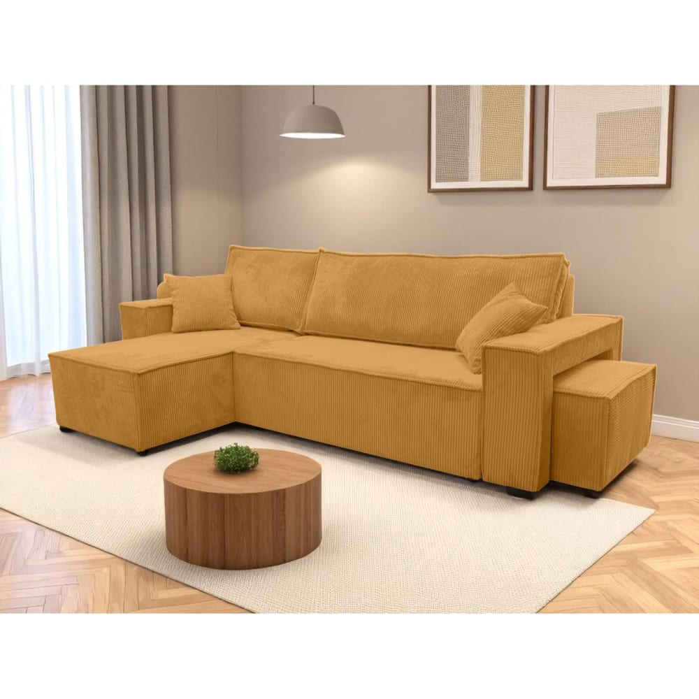 Canapé d'angle convertible avec un pouf en velours côtelé - Jaune