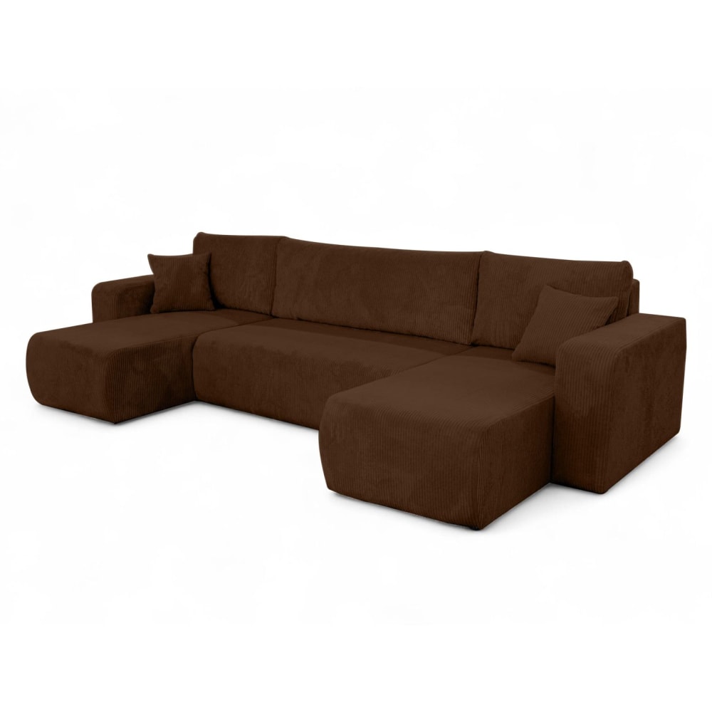 Canapé d'angle panoramique convertible 6 places velours côtelé marron