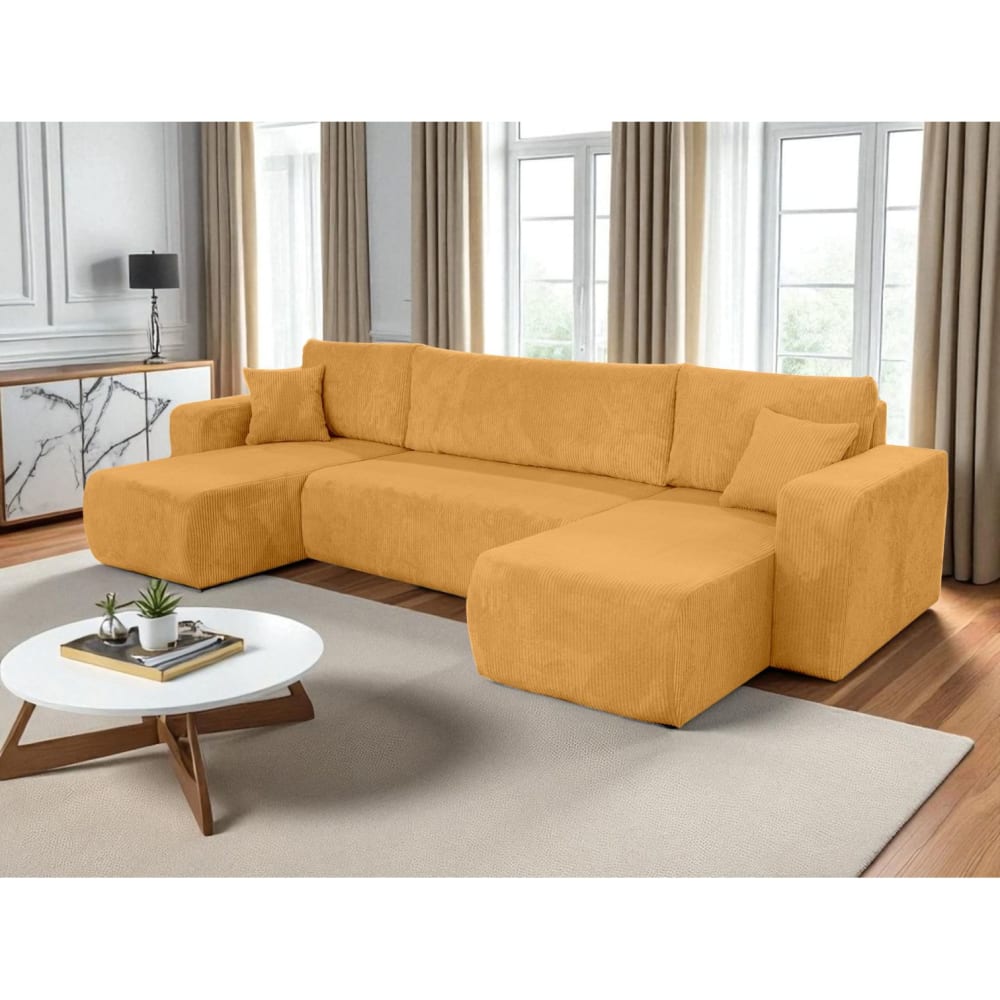 Canapé d'angle panoramique convertible 6 places velours côtelé jaune
