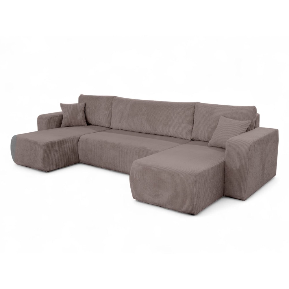 Canapé d'angle panoramique convertible 6pl velours côtelé marron glacé