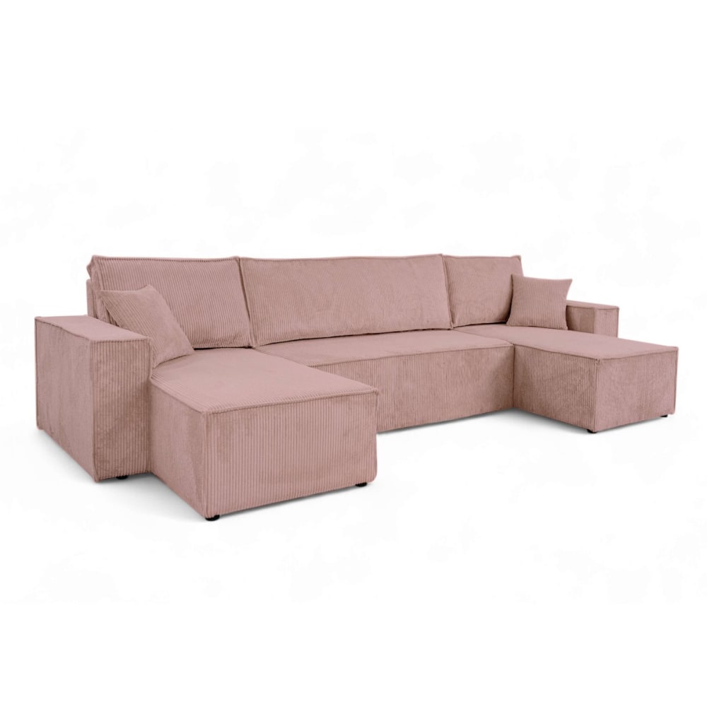 Canapé d'angle panoramique 6 places velours côtelé rose