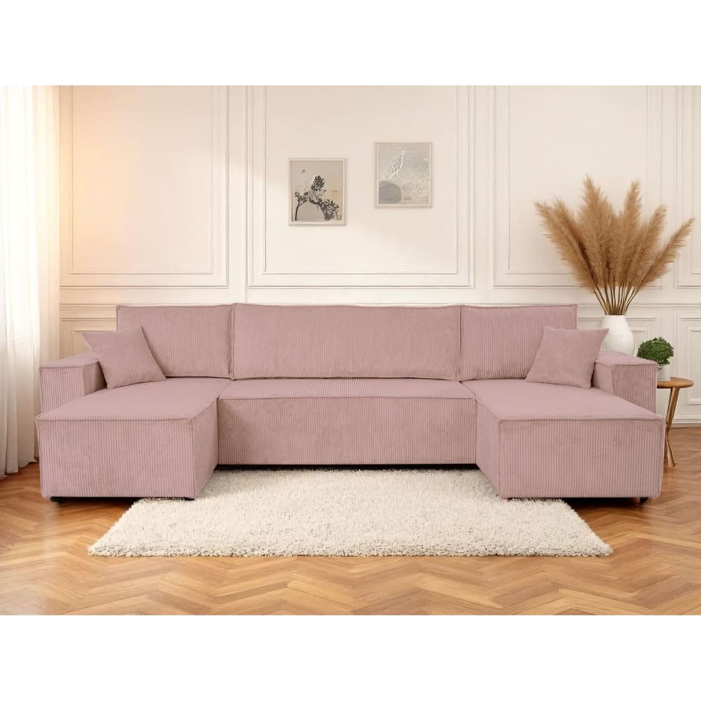 Canapé d'angle panoramique 6 places velours côtelé rose