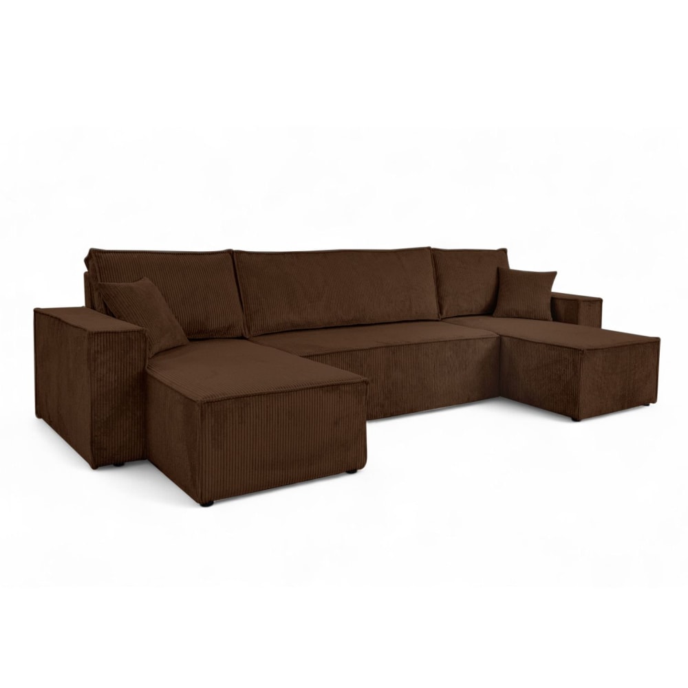 Canapé d'angle panoramique 6 places velours côtelé marron