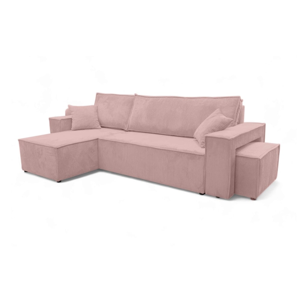 Canapé d'angle convertible avec un pouf en velours côtelé - Rose