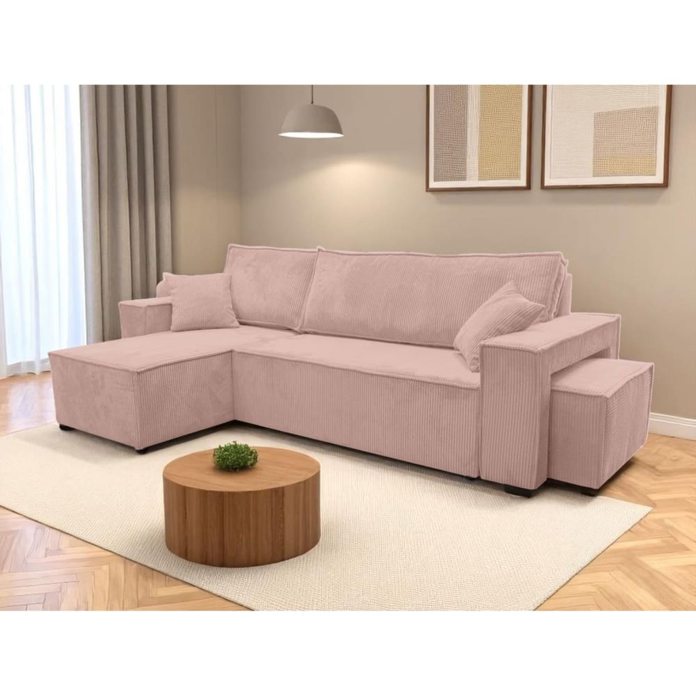 Canapé d'angle convertible avec un pouf en velours côtelé - Rose