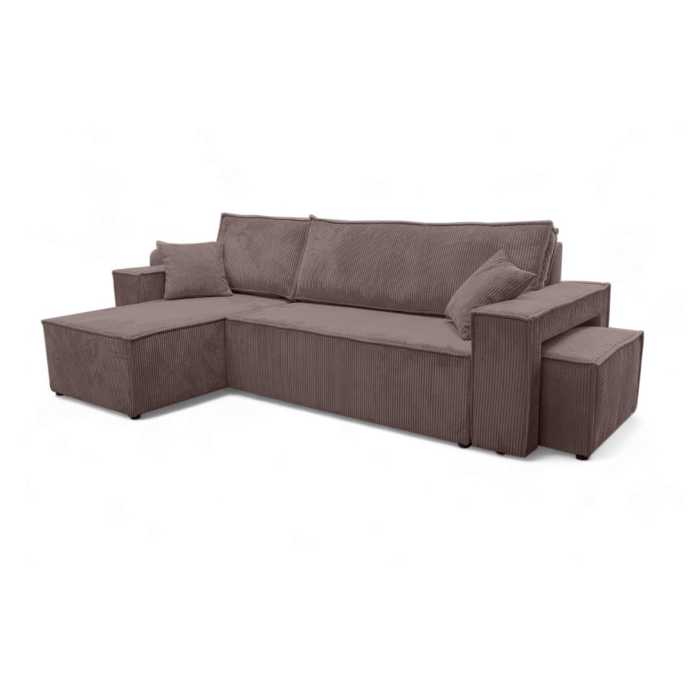 Canapé d'angle convertible avec un pouf en velours côtelé marron glacé