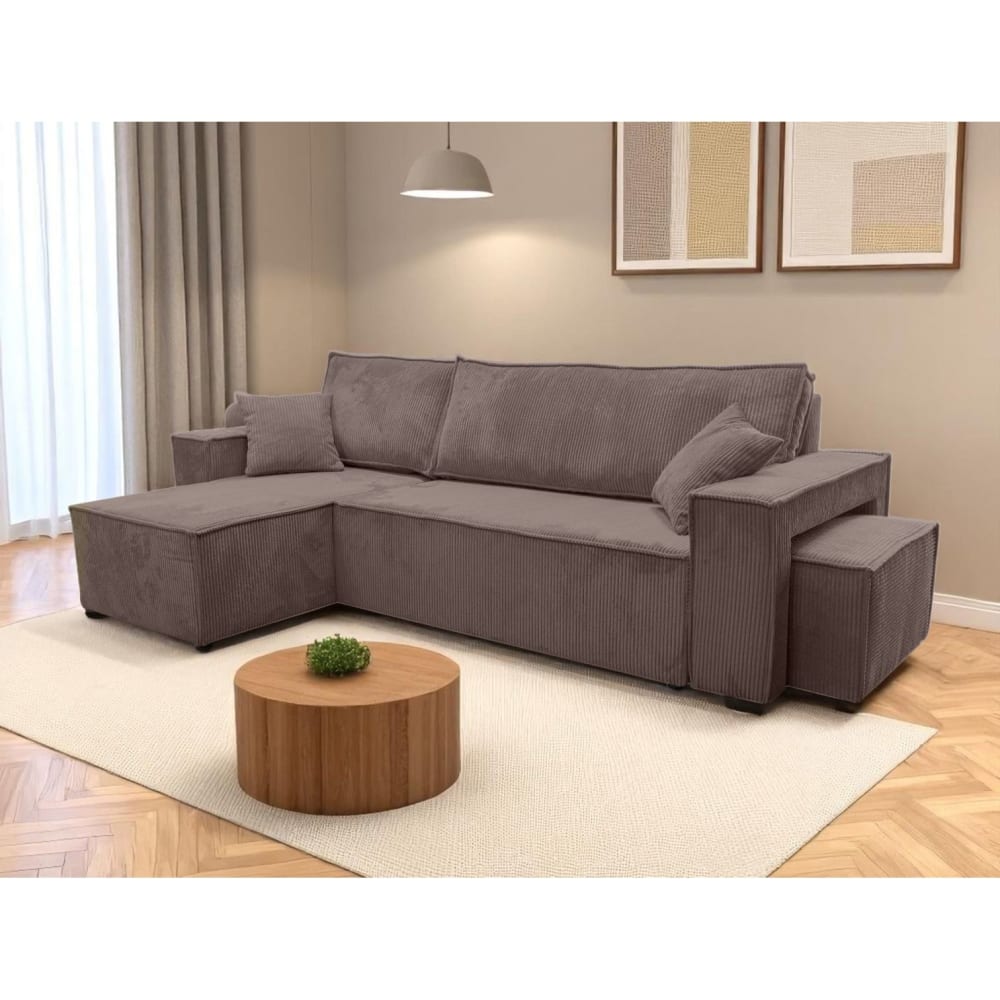 Canapé d'angle convertible avec un pouf en velours côtelé marron glacé