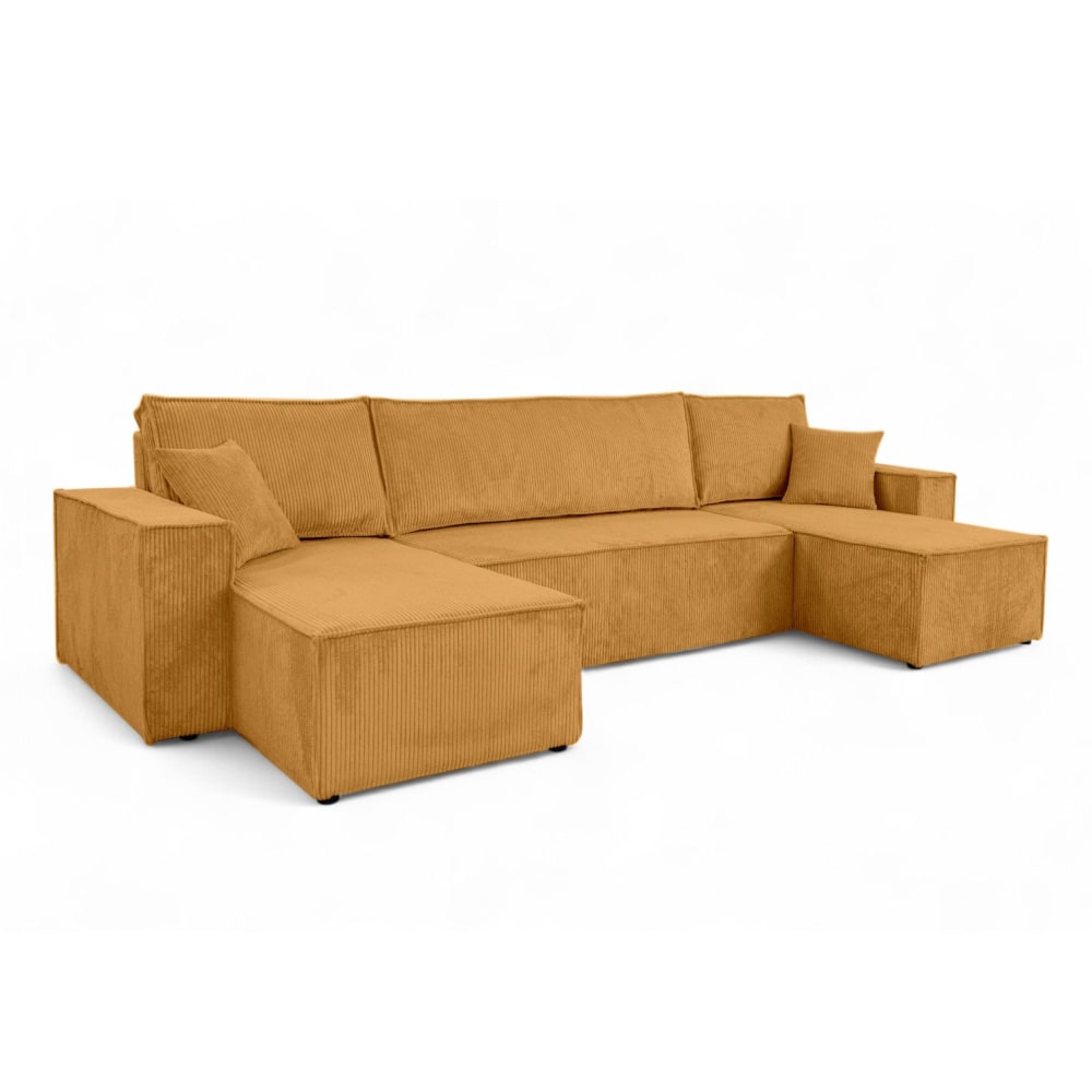 Canapé d'angle panoramique 6 places velours côtelé jaune