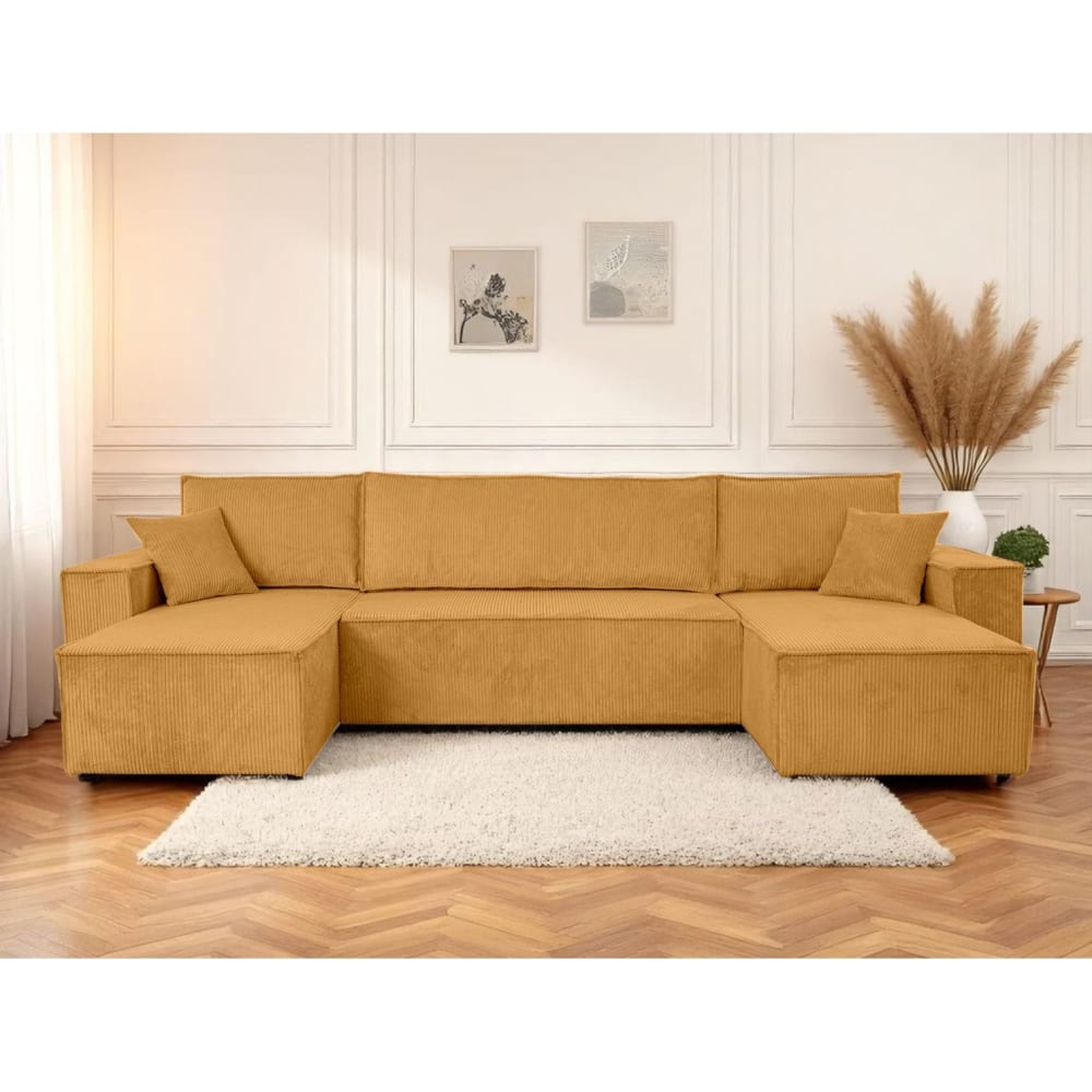 Canapé d'angle panoramique 6 places velours côtelé jaune