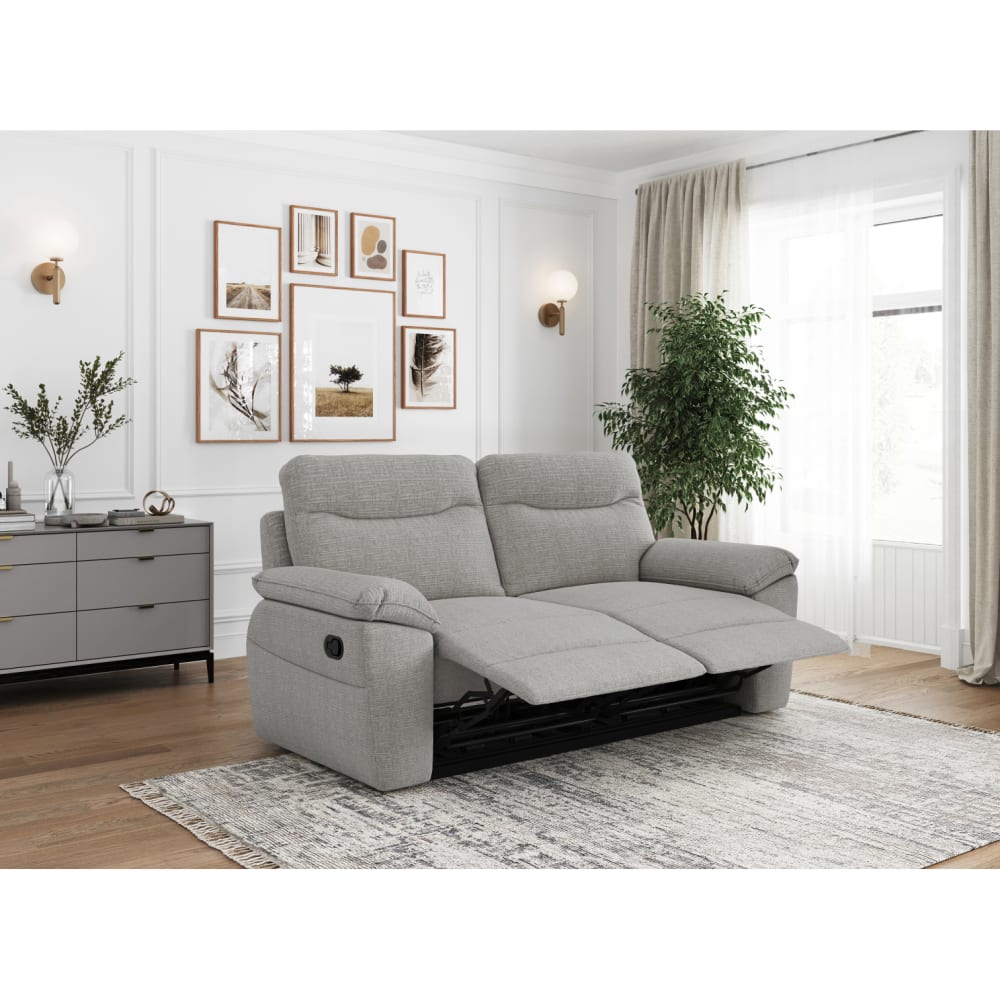 Canapé relax manuel 3 et 2 places et fauteuil tissu texturé gris clair