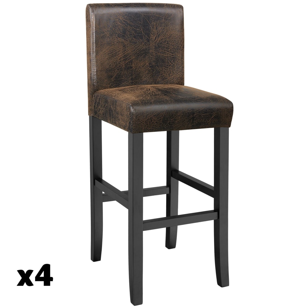 Lot de 4 tabouret de bar bois simili cuir avec dossier marron antique