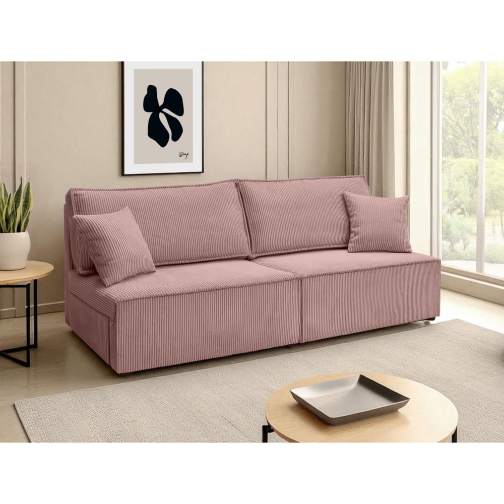 Canapé convertible 3 places sans accoudoirs velours côtelé rose