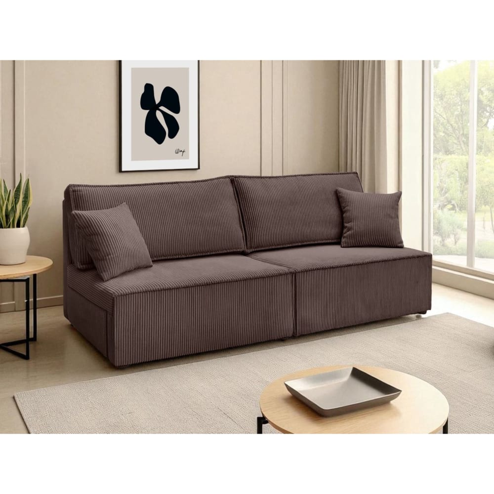 Canapé convertible 3places sans accoudoirs velours côtelé marron glacé
