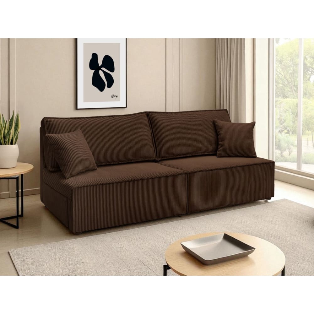 Canapé convertible 3 places sans accoudoirs velours côtelé marron