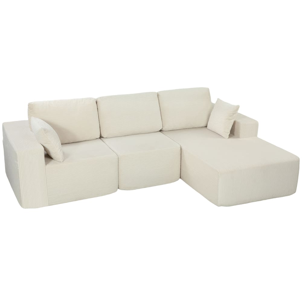 Canapé-lit d'angle 3 places modulable 2 coussins velours côtelé crème
