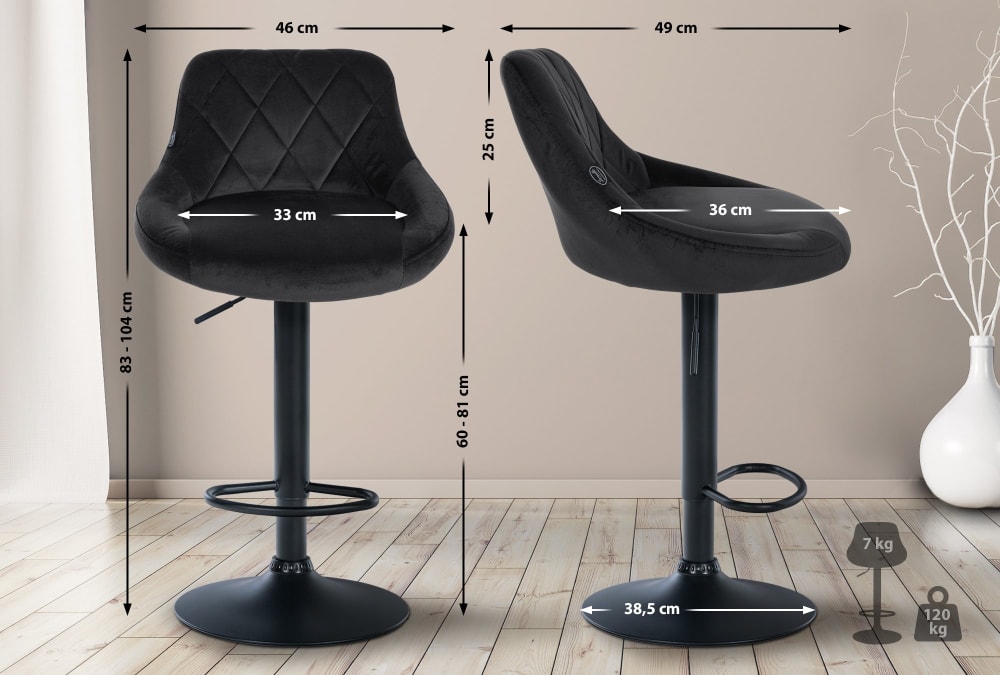 2er Set Barhocker höhenverstellbar aus Samt schwarz - Maisons Du