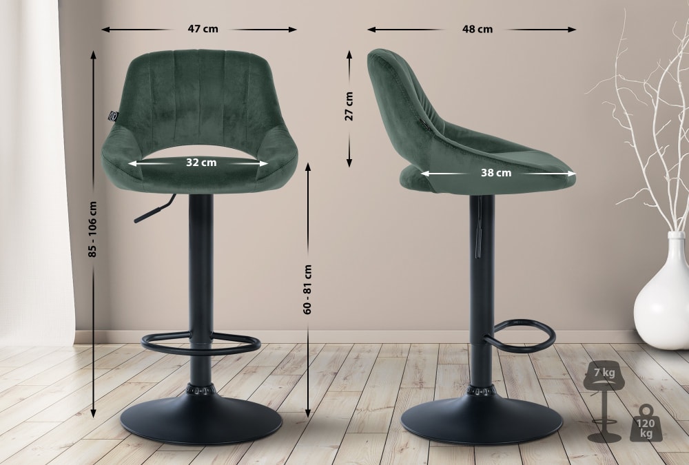Lot de 2 Tabouret de bar réglable Pivotant en velours Vert