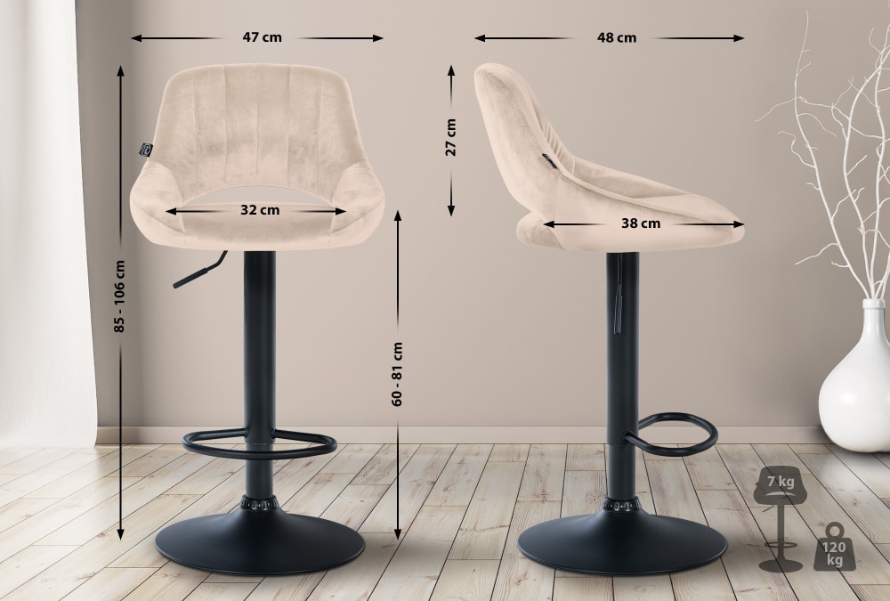 Lot de 2 Tabouret de bar réglable Pivotant en velours Crème