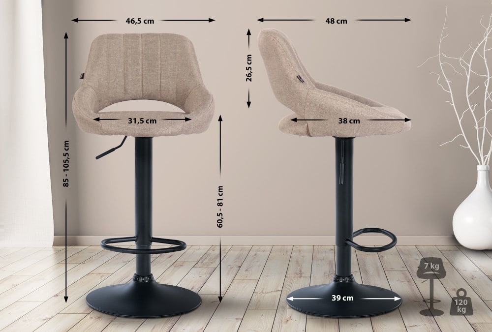 Lot de 2 Tabouret de bar réglable Pivotant en tissu Taupe