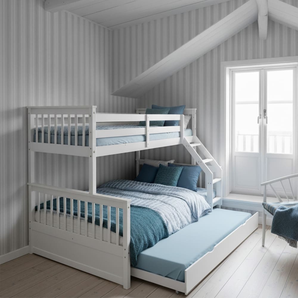 Lit superposé triple + lit gigogne bois blanc 135x190/90x190cm