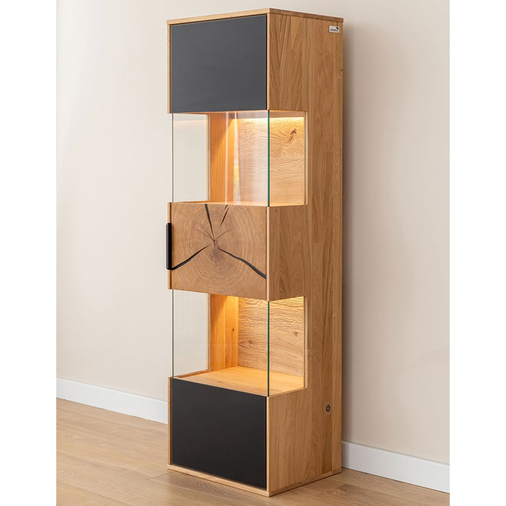Hängevitrine mit Beleuchtung aus Massivholz, 43x33x142cm, eiche