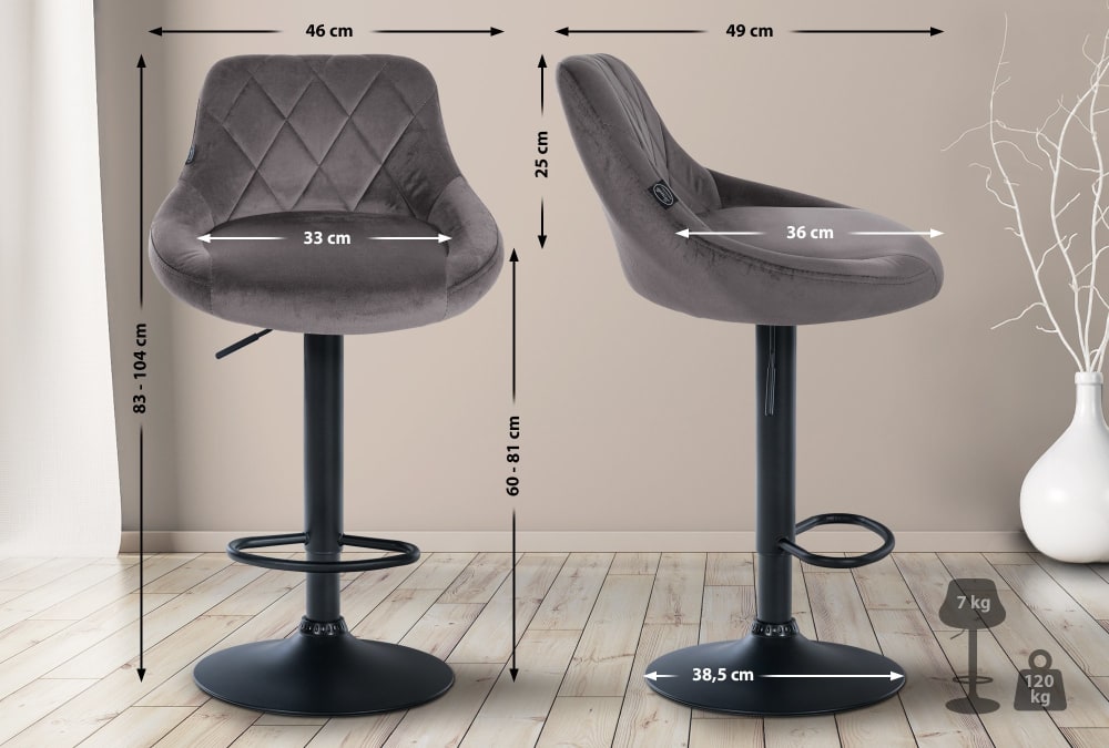 Lot 2 Tabourets réglable pivotants en velours Gris