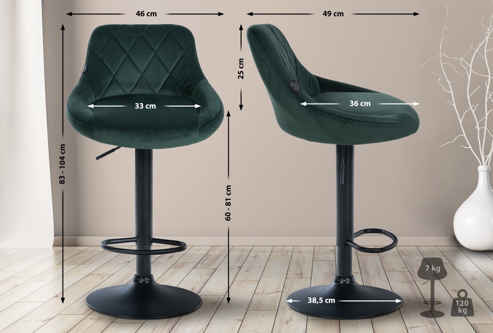 Lot 2 tabourets réglable pivotants en samt vert foncé