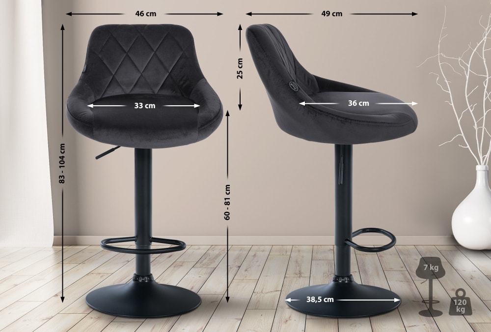 Lot 2 tabourets réglable pivotants en samt gris foncé
