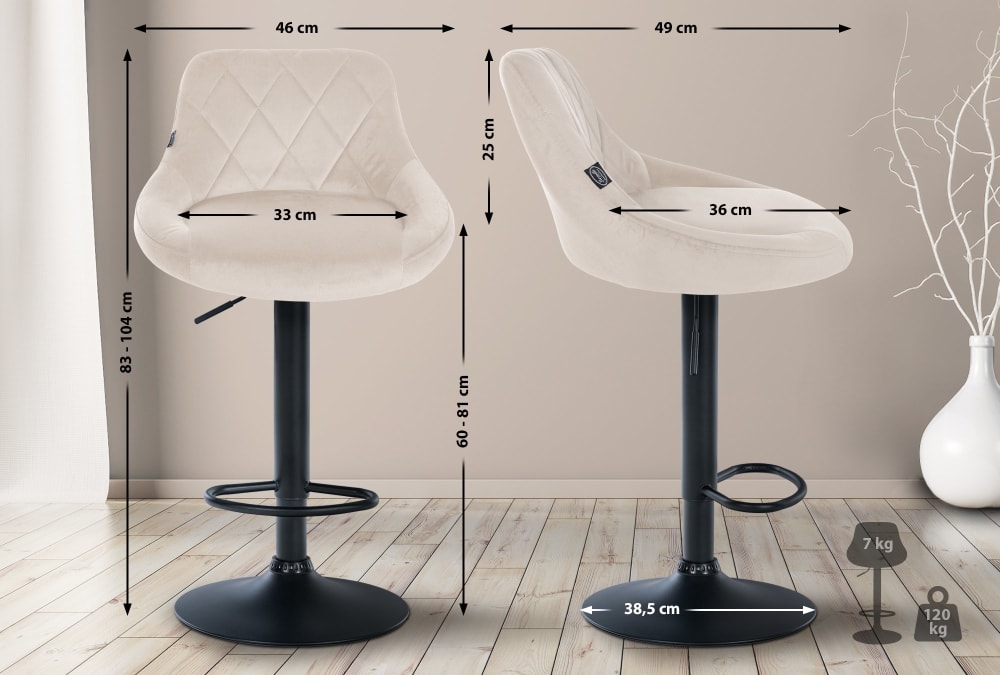 Lot 2 Tabourets réglable pivotants en velours Crème