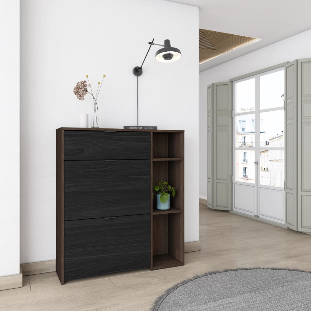 Skraut home Schuhschrank Holzeffekt Eiche dunkel und Schwarz 90x27x102cm style modern Braun Spanplatte
