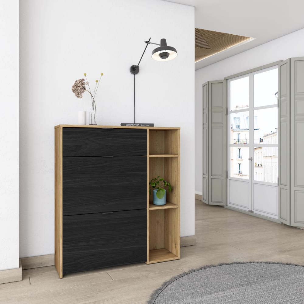 Skraut home Schuhschrank Holzeffekt Eiche und Schwarz 90x27x102cm style modern Beige Spanplatte