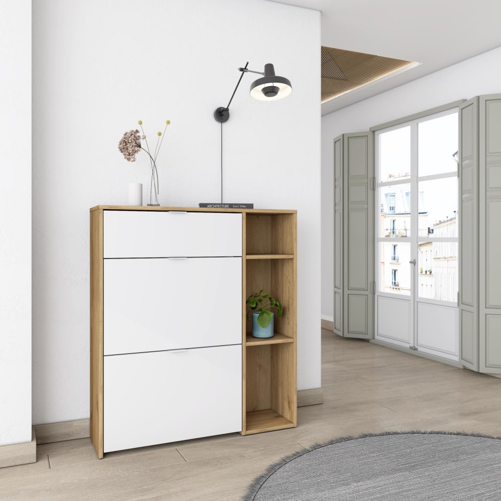 Skraut home Schuhschrank Holzeffekt Eiche und Weiß 90x27x102cm style modern Beige Spanplatte