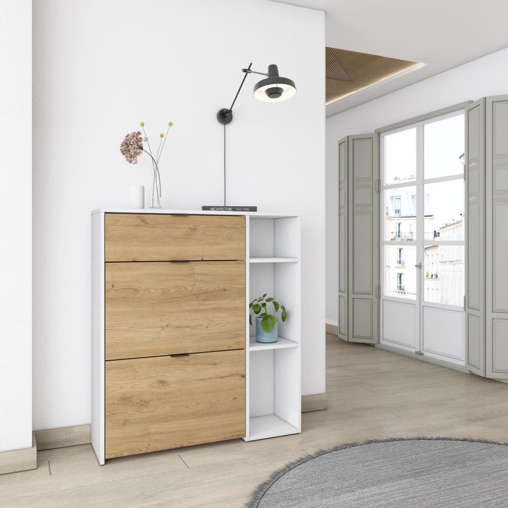 Skraut home Schuhschrank Holzeffekt Weiß und Eiche 90x27x102cm style modern Weiß Spanplatte