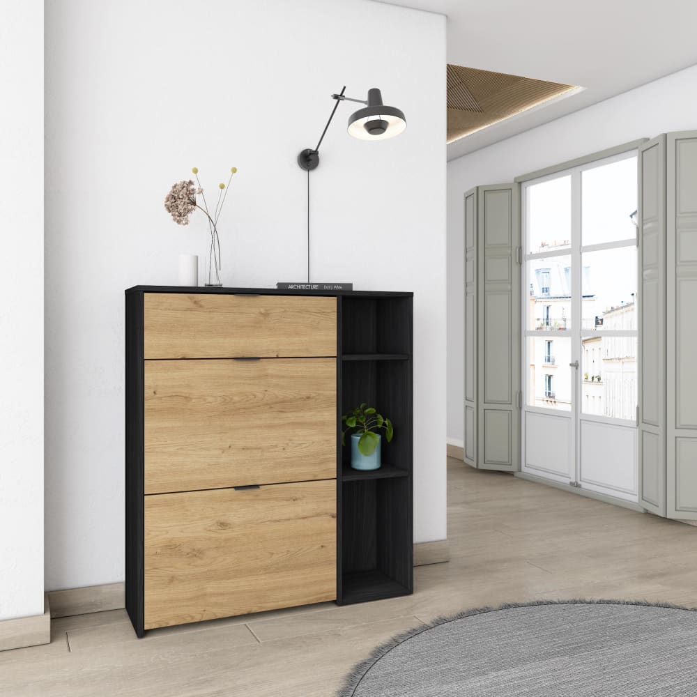 Skraut home Schuhschrank Holzeffekt Schwarz und Eiche 90x27x102cm style modern Schwarz Spanplatte