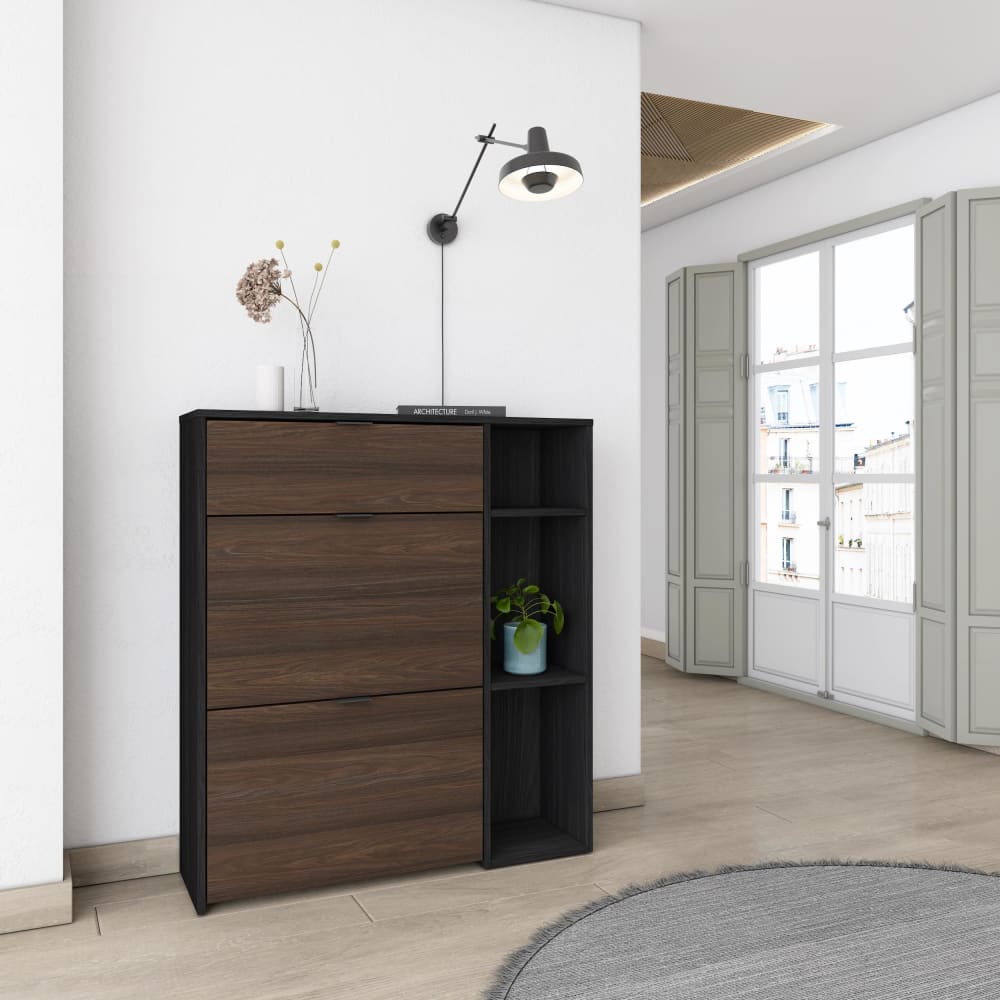 Skraut home Schuhschrank Holzeffekt Schwarz und Eiche dunkel 90x27x102cm style modern Schwarz Spanplatte