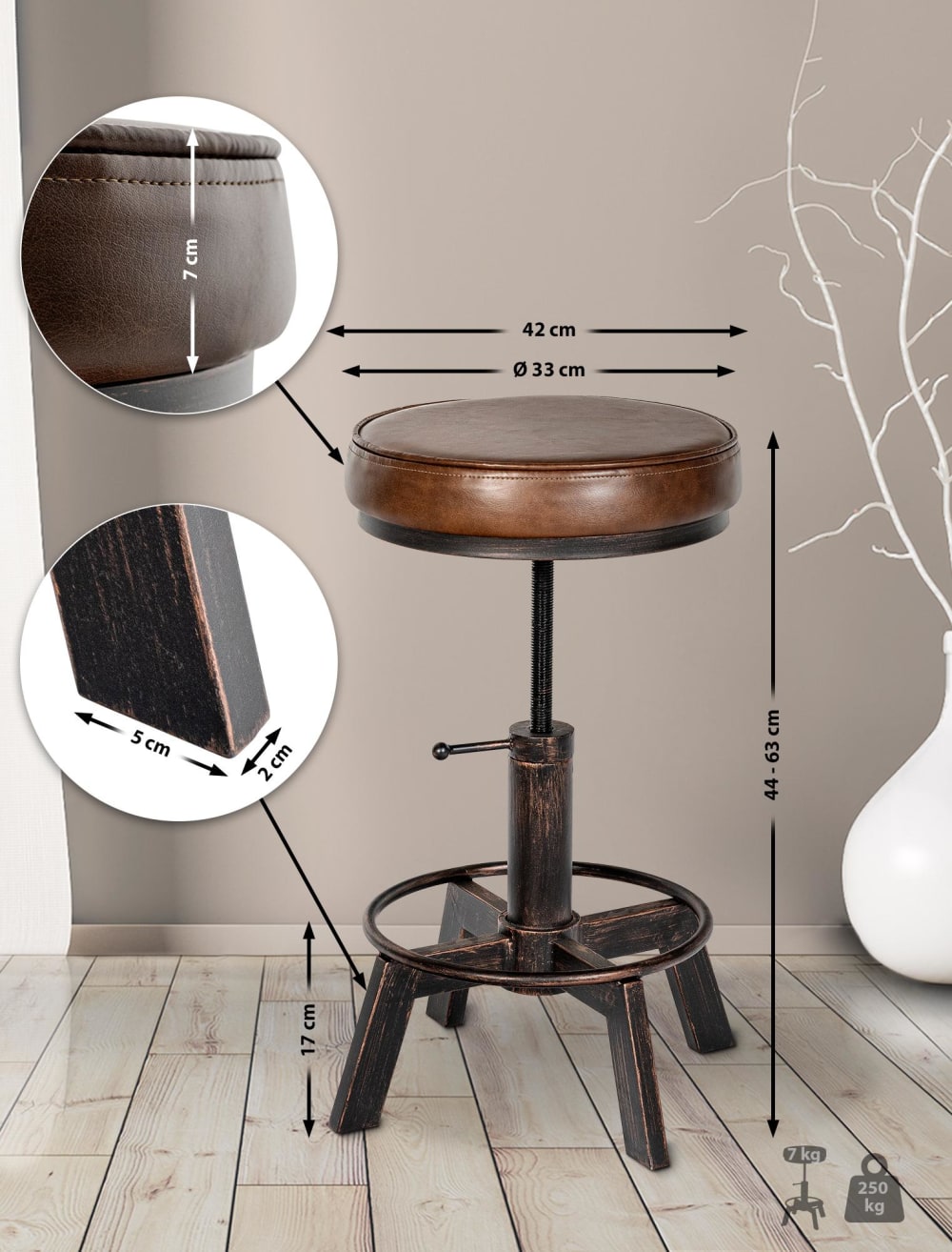 Tabouret réglable et pivotant assise en pvc und synthetik bronze