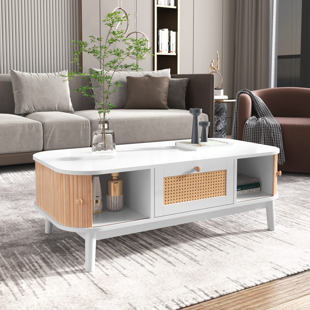 Couchtisch mit Schubladen und Schiebetüren 110x55x38,5 cm, weiß -