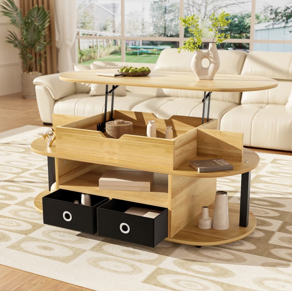 OKWISH Couchtisch mit Hebefunktion und Stauraum 105x50x45/60 cm, braun - Spanplatte