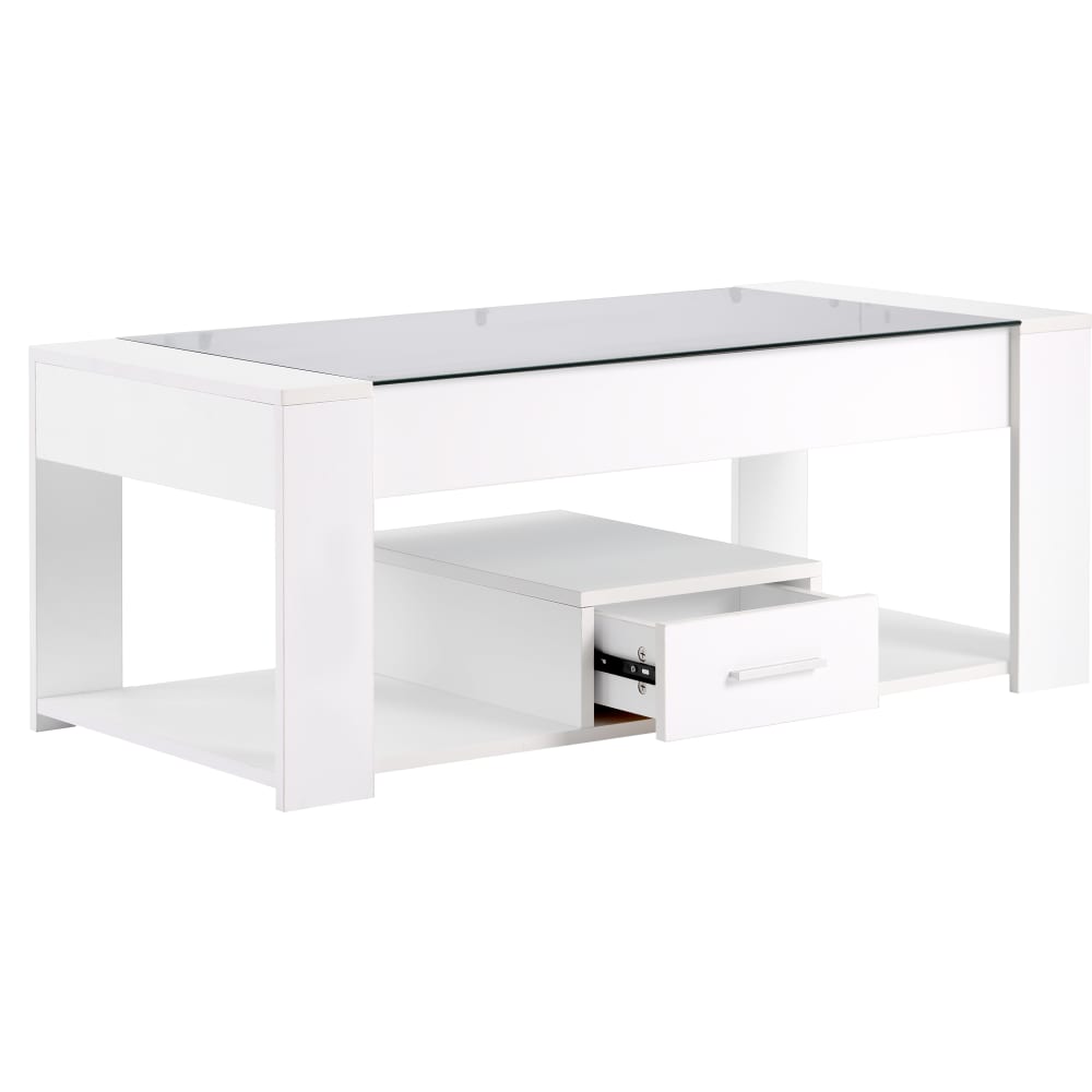 OKWISH Couchtisch mit Glasplatte und Schubladen 100x50x40 cm, weiß - Spanplatte